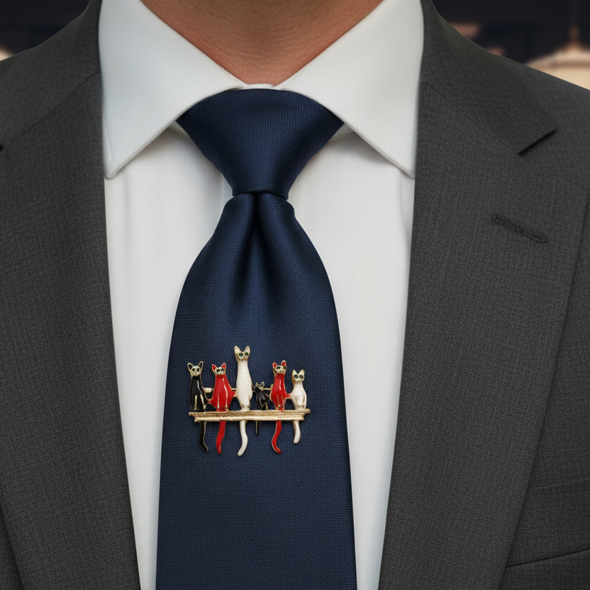 Colorful six cat shaped brooch on a gold base, pinned on a blue tie against a gray suit
